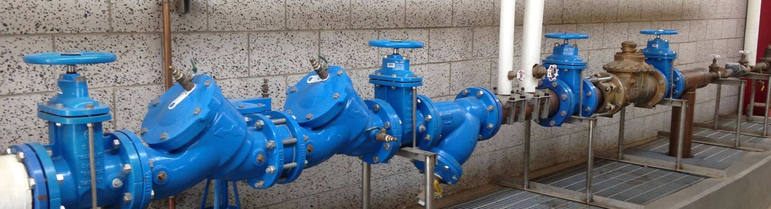 Row of commercial backflow prevention systems